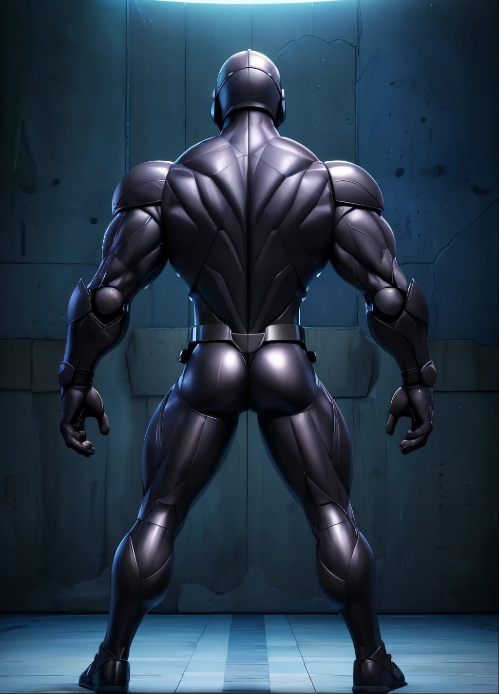 ((Best Quality, 8K, ultra-detailed, Masterpiece: 1.3)), 1boy, full body image, shiny skin, sharp, Perfect Body Beauty, realistic shaded perfect body, muscular male, huge and voluminous shoulders, shapely neck Big Breasts, chiseled abs, huge muscles, bodybuilder body, 300 lbs, (((back))) Broad back, shapely trapezius, toned deltoids, voluminous lats, (closed helmet, plain helmet, helmet with mask, expressionless male mask,:1.1), legs not too far apart, ("bodysuit, big bulge muscles ":1.2), ("leggins, armor":1.1), ("glove, armor":1.1 ), ("jet black armor":1.1), (techwear) (dynamic pose:1.1), thigh , battle field , (bulge focus:1.2), 3d, cartoon