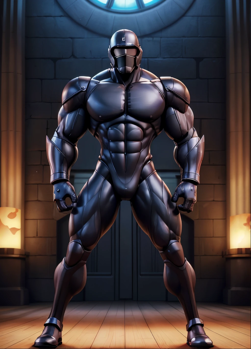 ((Best Quality, 8K, ultra-detailed, Masterpiece: 1.3)), 1boy, full body image, shiny skin, sharp, Perfect Body Beauty, realistic shaded perfect body, muscular male, huge and voluminous shoulders, shapely neck Big Breasts, chiseled abs, huge muscles, bodybuilder body, 300 lbs, (((back))) Broad back, shapely trapezius, toned deltoids, voluminous lats, (closed helmet, plain helmet, helmet with mask, expressionless male mask,:1.1), legs not too far apart, ("bodysuit, big bulge muscles ":1.2), ("leggins, armor":1.1), ("glove, armor":1.1 ), ("jet black armor":1.1), (techwear) (dynamic pose:1.1), thigh , battle field , (bulge focus:1.2), 3d, cartoon