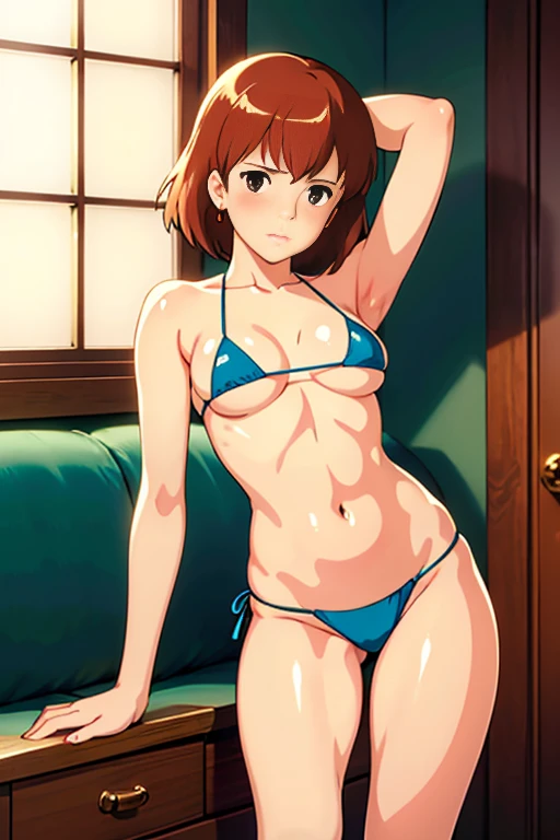 (masterpiece, highest quality, High resolution, 8k, High quality anime illustration, Realistic), Nausicaa, very cute, Sad expression, Pure, , blush, alone, Brown Hair, short hair, Red Gem Earrings, Puzzled, Tragic, Moist eyes, (Looking at the audience), Cleavage, Beautiful breasts, (High School Uniforms, mini skirt,Knee-high socks,Micro bikini underwear, tight), Perfect beauty, Slim body, Luxury hotel suites, (Perfectly detailed anatomy, Beautiful and elaborate face&eye:1.5, Shiny skin, Perfect body)、Beautiful buttocks, Put your hands behind your head, I want to see the whole body