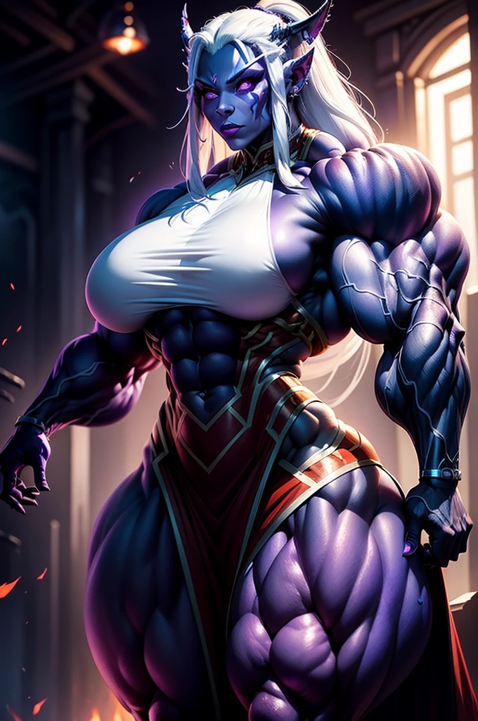 1girl, female, bodybuilder, muscular, shenightborne, purple skin, facepaint, glowing eyes, ear piercings, long white hair, red dress, abs, massive biceps