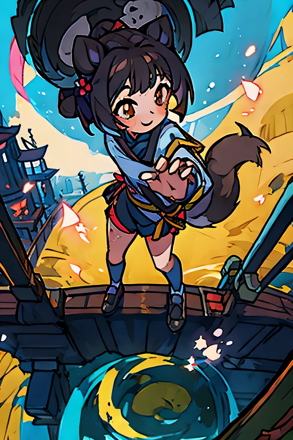 Raccoon Lady,Female student costume,Jiangnan water town background,People standing on the bridge,Smiling Face,Full body composition,Backlit environment,Animal ears,Q print style,Raccoon tail,Brown hair,Bangs,Medium-length hair,Double bun head,individual,White bubble socks,Black leather shoes,Handrail bridge guardrail,Inner eight standing posture,Anime style