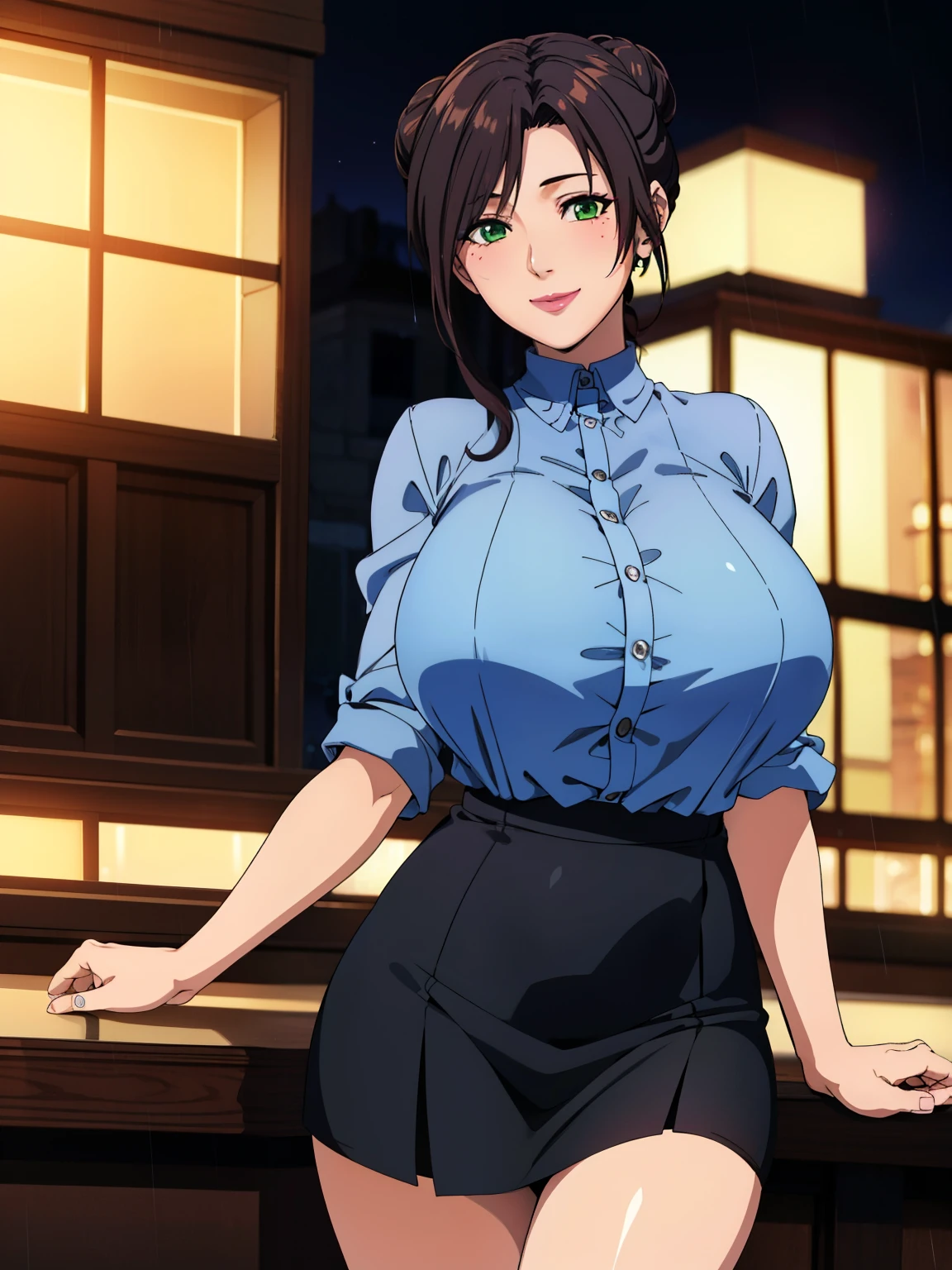 blue shirt, black skirt, luxury livingroom background, window, night, rainy night city view, sayuri, anime cels style, best quality, high resolution, 1girl, (huge breasts:1.2), beautiful face, green eyes, dark brown hair, (half bun hair), (two beauty spots near her left eyes), lipstick, cowboy shot, smiling, blushing, beautiful long legs, beautiful body