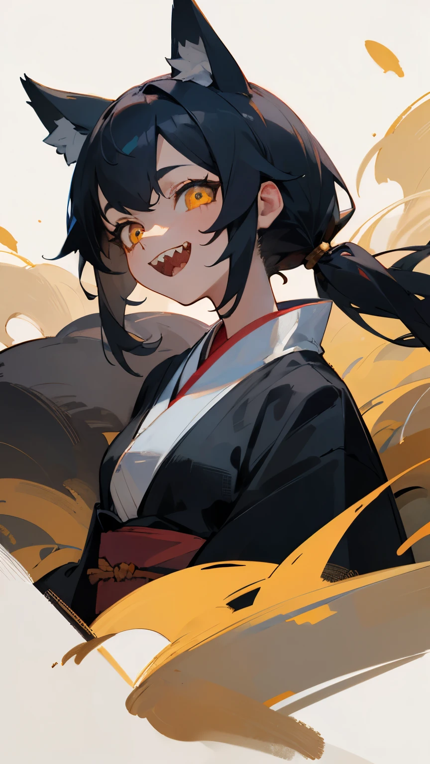 ((best quality)), ((masterpiece)), (detailed), girl, kawaii , golden eyes, Sharp teeth, long teeth, pigtail, black kimono, big smile, wolf ears 