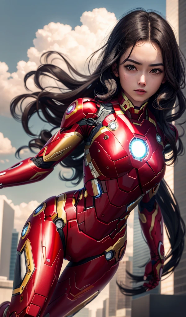 4k, realistic, carismatic, very detail, there is a girl on top sky, wearing iron man costum, she is a iron man, super hero theme, black long hair, 25 years old, full body