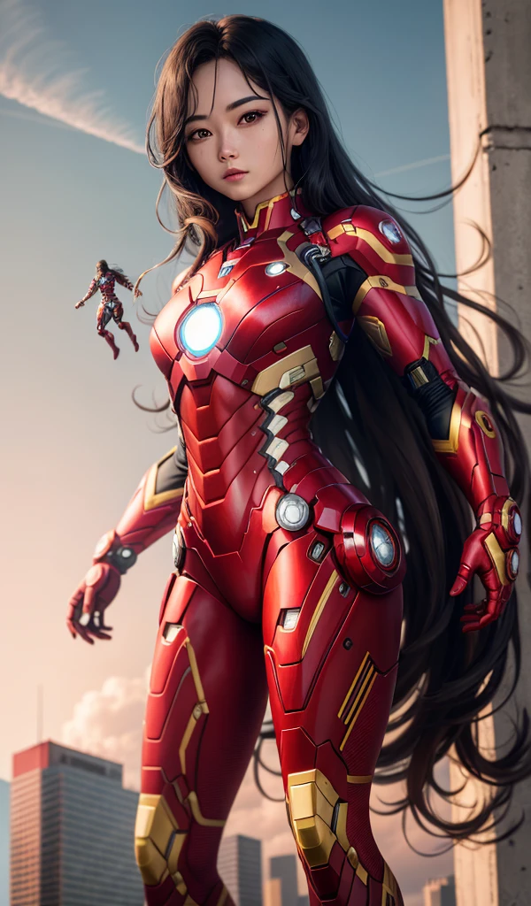 4k, realistic, carismatic, very detail, there is a girl on top sky, wearing iron man costum, she is a iron man, super hero theme, black long hair, 25 years old, full body