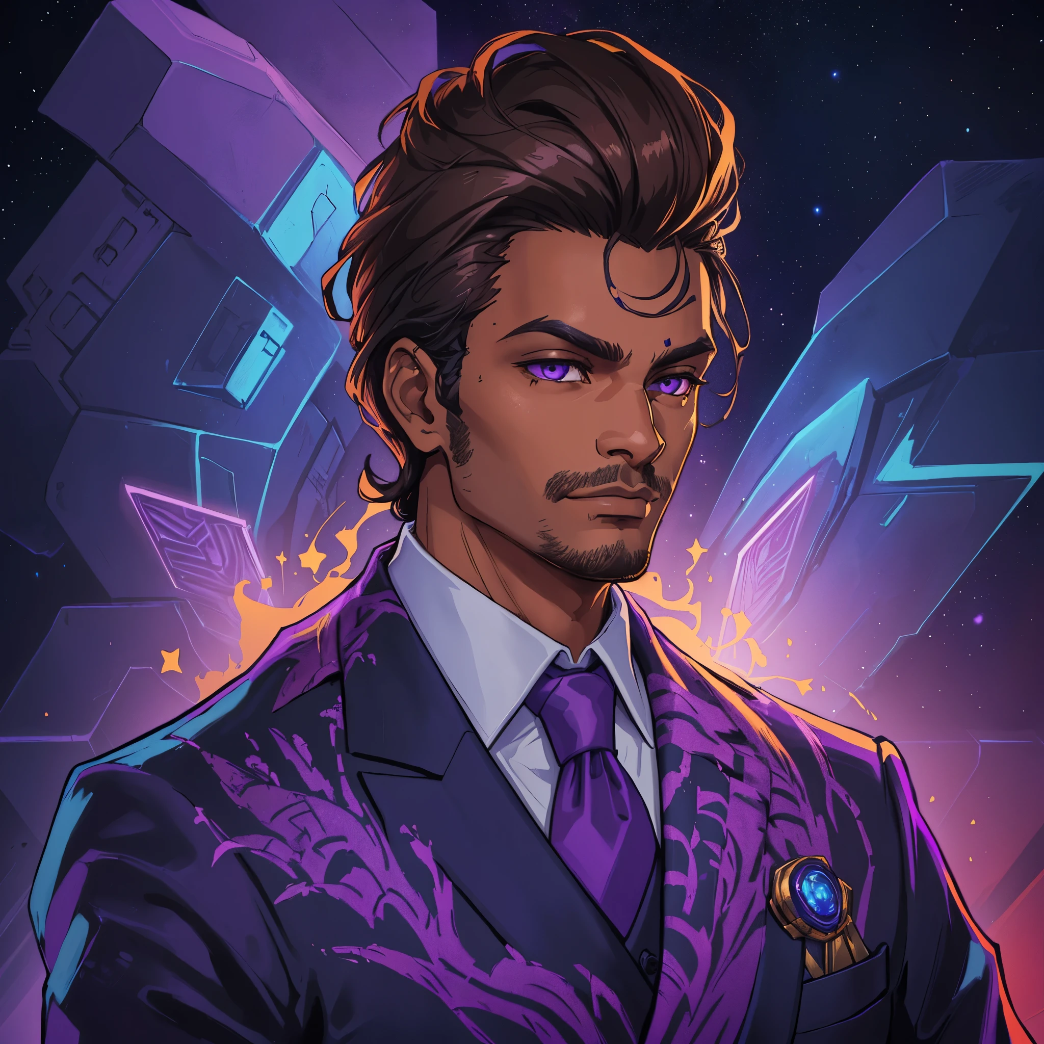 Brown skin, Indian, arafed man in a suit and tie with a purple mask, background artwork, epic portrait illustration, suit made of stars, in the style dan mumford artwork, fortnite art style, epic and classy portrait, official fanart, emperor of the known universe, fan art, unreal 5. rpg portrait, side profile artwork, vibrant fan art, omen from valorant