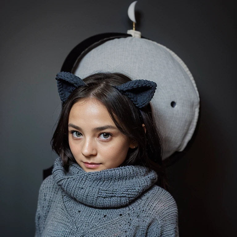 Chat mignon ,petit, black with a crescent moon-shaped spot on the top of the head between the two eyes, yeux bleu gris, coucher sur un tricot , un pull arc en ciel , kawaii, circular knitting needle 