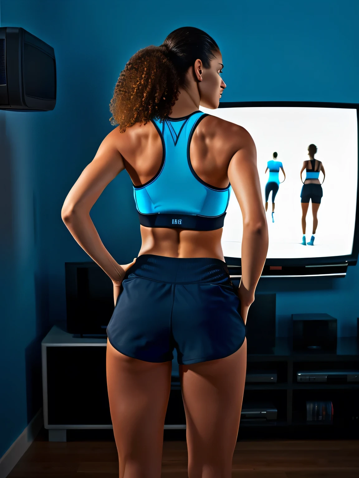 woman in blue tank top and black shorts standing in front of a television, view from the back, back pose, toned derriere, sport bra and dark blue shorts, long shot from the back, seen from the back, wearing fitness gear, distant full body view, from the back, distant full body shot, view from behind, side view of her taking steps