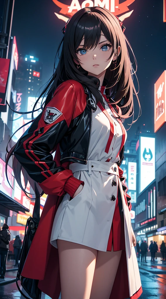 An eye-catching and dynamic 3D animated scene featuring a stylish and confident female anime character with long, dark hair. She stands in the center of the frame, dressed in a fashionable white shirt emblazoned with the stylized text "Anime House" and a striking red ribbon. A chic blue jacket draped over her shoulders adds a modern anime touch to her outfit. The dimly lit cityscape in the background showcases the iconic 'AH!' sign, illuminated against the night sky and bearing the creator's signature - 'Dragonsteel76'. This captivating visual experience masterfully blends cinematic elements, illustration, and product promotion, delivering a vibrant and energetic display of anime style, fashion, and urban atmosphere., photo, anime, fashion, 3d render, illustration, product, vibrant, poster, cinematic