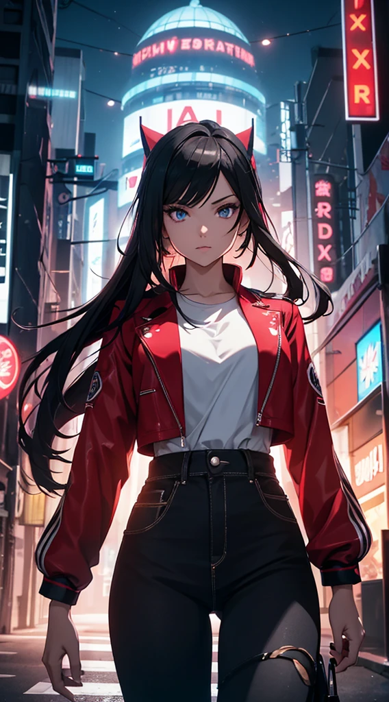 An eye-catching and dynamic 3D animated scene featuring a stylish and confident female anime character with long, dark hair. She stands in the center of the frame, dressed in a fashionable white shirt emblazoned with the stylized text "Anime House" and a striking red ribbon. A chic blue jacket draped over her shoulders adds a modern anime touch to her outfit. The dimly lit cityscape in the background showcases the iconic 'AH!' sign, illuminated against the night sky and bearing the creator's signature - 'Dragonsteel76'. This captivating visual experience masterfully blends cinematic elements, illustration, and product promotion, delivering a vibrant and energetic display of anime style, fashion, and urban atmosphere., photo, anime, fashion, 3d render, illustration, product, vibrant, poster, cinematic