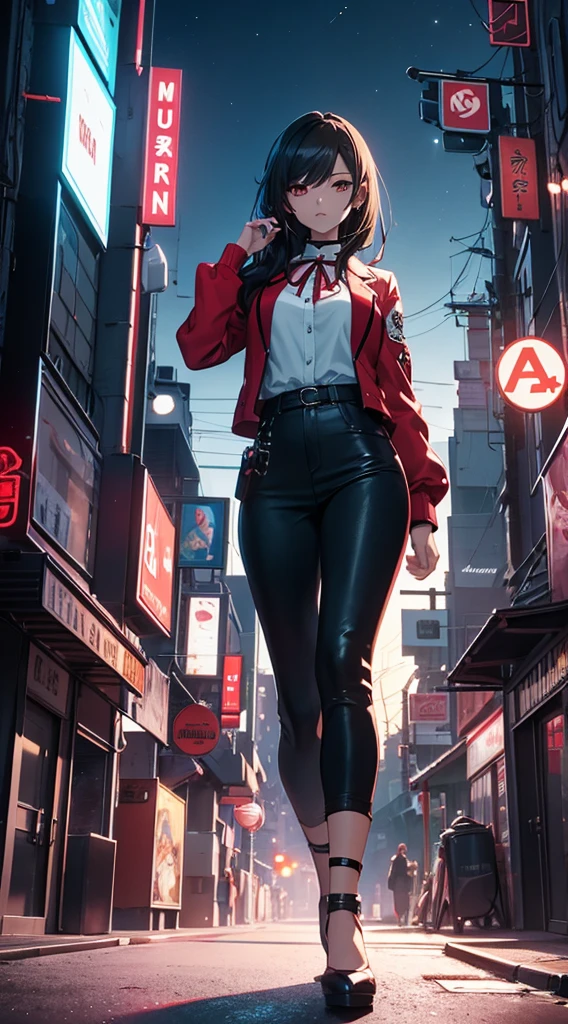 An eye-catching and dynamic 3D animated scene featuring a stylish and confident female anime character with long, dark hair. She stands in the center of the frame, dressed in a fashionable white shirt emblazoned with the stylized text "Anime House" and a striking red ribbon. A chic blue jacket draped over her shoulders adds a modern anime touch to her outfit. The dimly lit cityscape in the background showcases the iconic 'AH!' sign, illuminated against the night sky and bearing the creator's signature - 'Dragonsteel76'. This captivating visual experience masterfully blends cinematic elements, illustration, and product promotion, delivering a vibrant and energetic display of anime style, fashion, and urban atmosphere., photo, anime, fashion, 3d render, illustration, product, vibrant, poster, cinematic