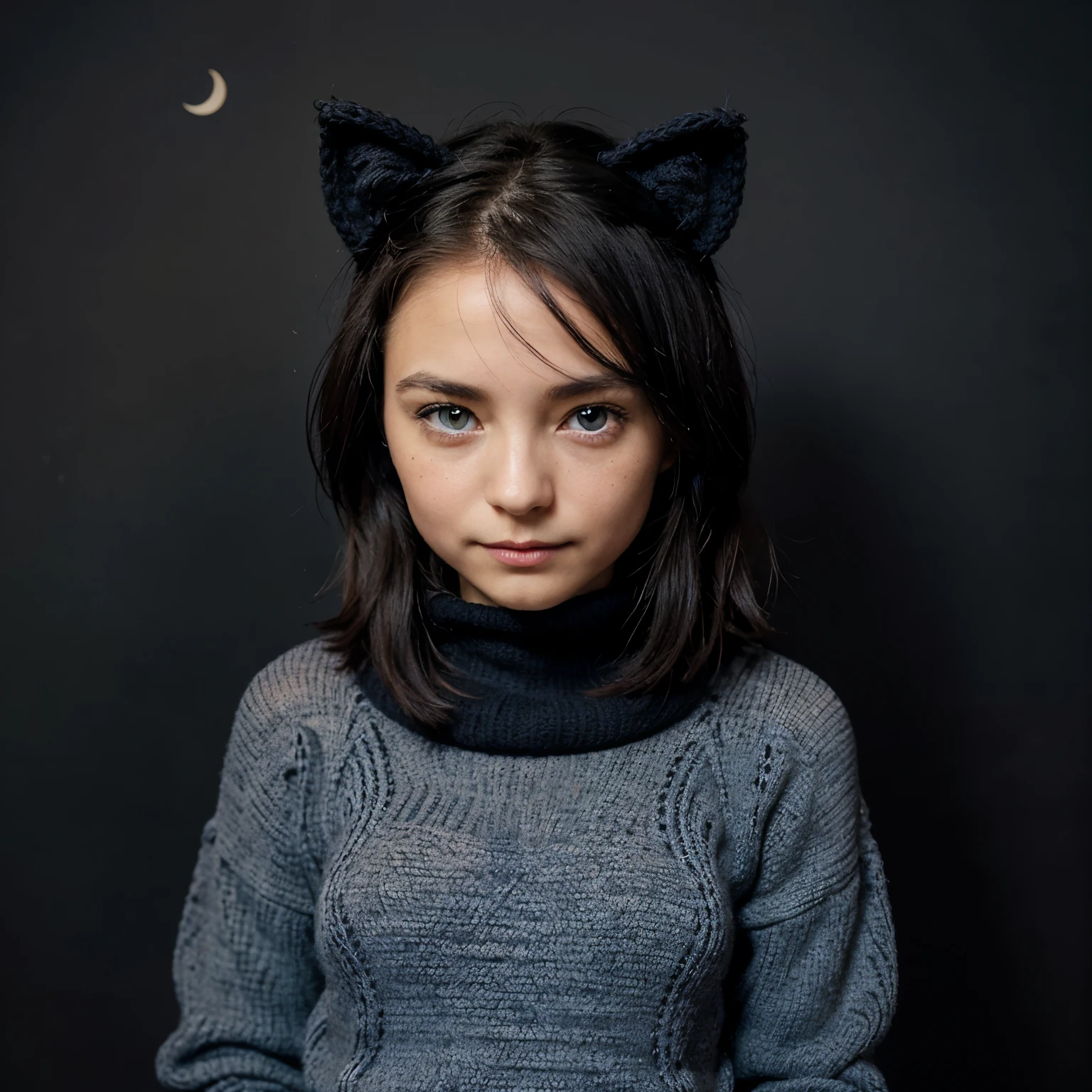 Chat mignon ,petit, black with a crescent moon-shaped spot on the top of the head between the two eyes, yeux bleu gris, coucher sur un tricot , un pull arc en ciel , kawaii, circular knitting needle