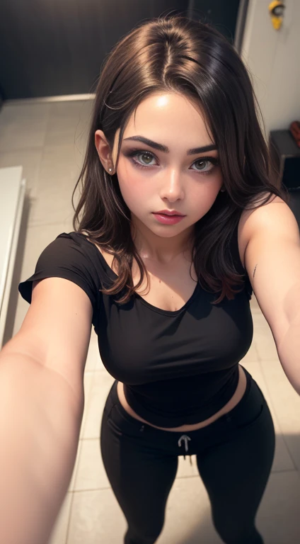 Portrait of an 15 year old age girl with black hair and green eyes selfie in panties