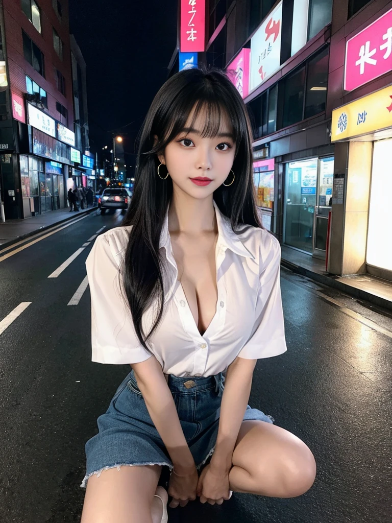 highest quality, masterpiece, shape, Realistic, photo-Realistic, wonderful, finely, Very detailed, High resolution, Very detailed, unity 8k wallpaper, Full body shot of a beautiful young woman with Korean-style features resembling a popular actress, Button-up Shirt, mini Pleated Skirt ニーハイソックス, ((Very small breasts)), thin, She has pink and bluish eyeshadow, bangs, Black Hair, Long Hair, head, look up, night, On the streets of Shibuya, Stand up and look here, Narrow eyes, 細長い目のshape, Three white eyes, Wicked Smile, Very slender and beautiful legs, Beautiful and thin thighs, Earrings