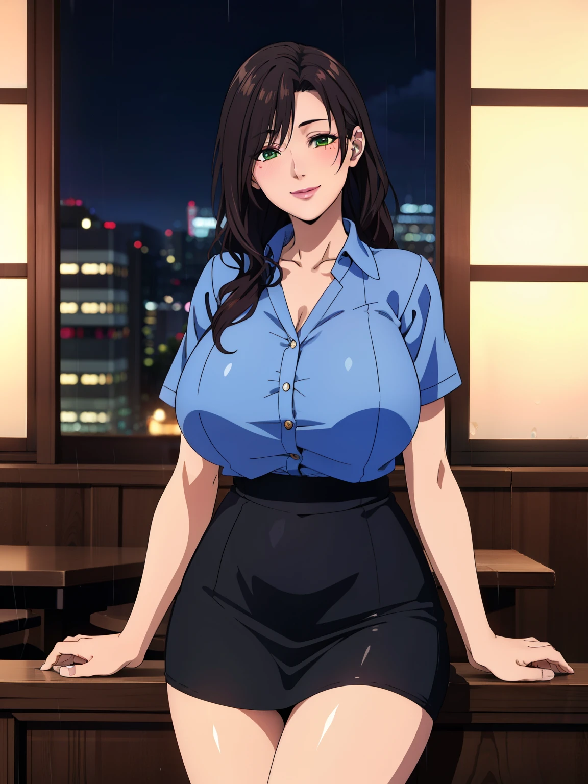 blue shirt, black skirt, luxury livingroom background, window, night, rainy night city view, sayuri, anime cels style, best quality, high resolution, 1girl, (huge breasts:1.2), beautiful face, green eyes, dark brown hair, (easy half twirl hair), (two beauty spots near her left eyes), lipstick, cowboy shot, smiling, blushing, beautiful long legs, beautiful body