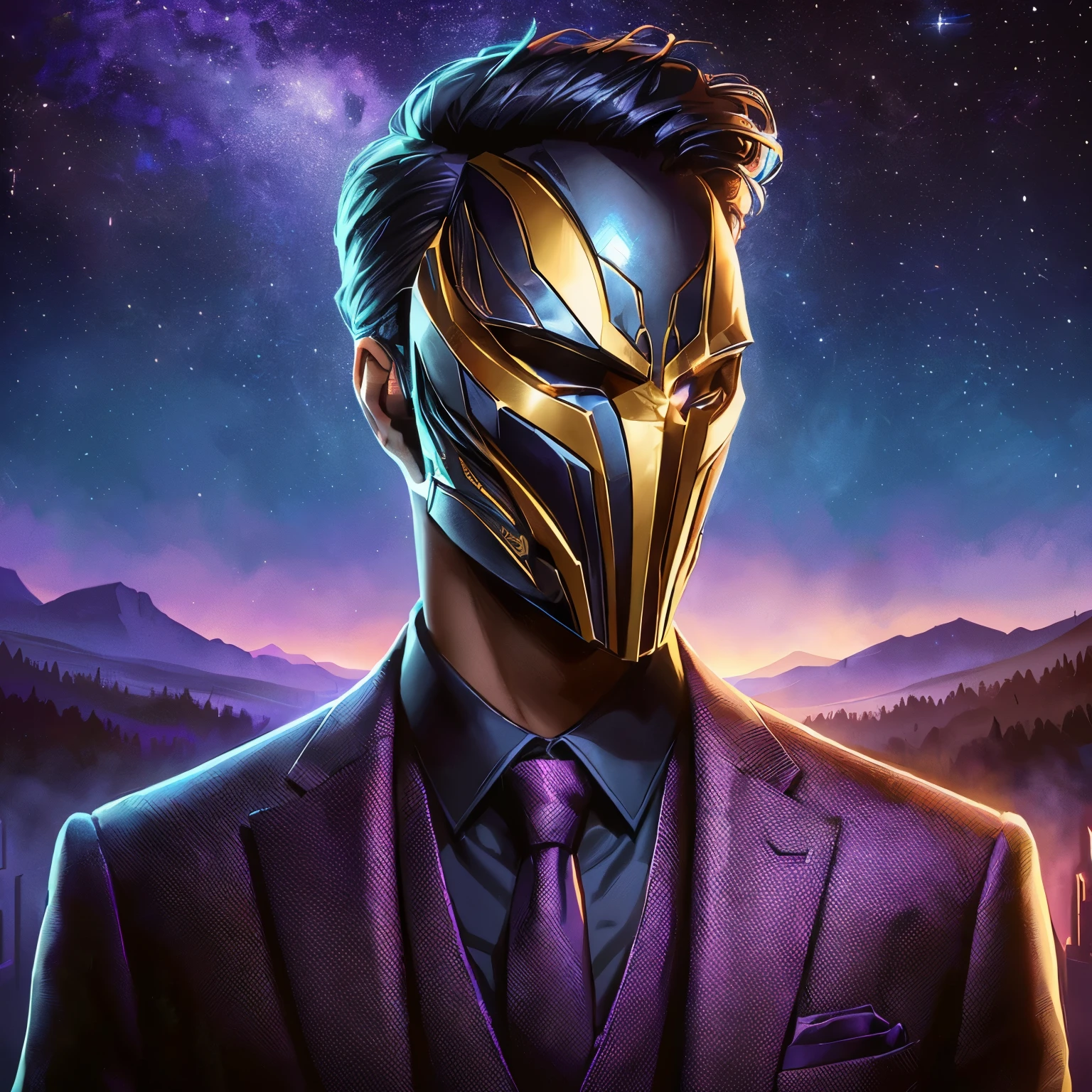 arafed man in a suit and tie with a purple mask, background artwork, epic portrait illustration, suit made of stars, in the style dan mumford artwork, fortnite art style, epic and classy portrait, official fanart, emperor of the known universe, fan art, unreal 5. rpg portrait, side profile artwork, vibrant fan art, omen from valorant