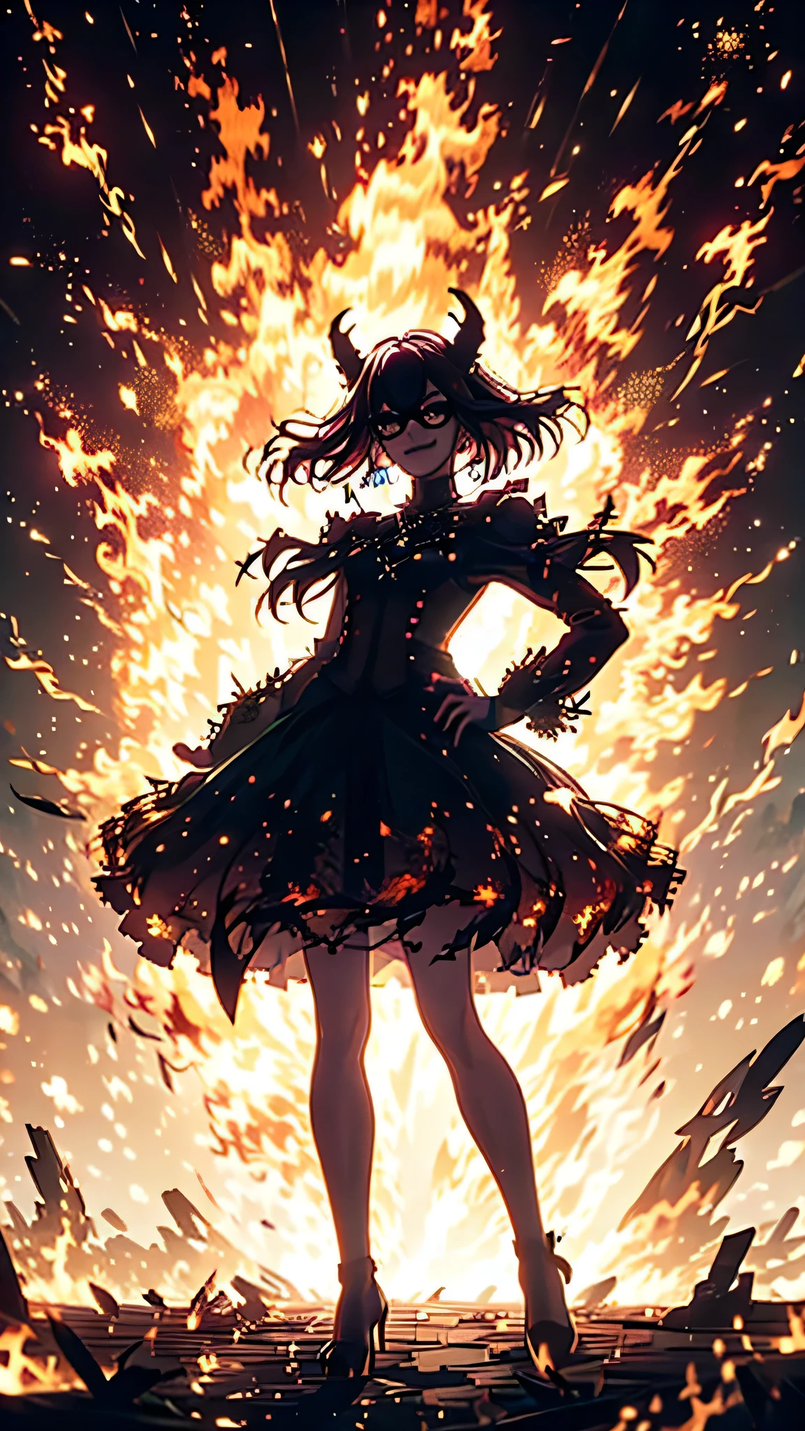 8k, masterpiece, best quality, highly detailed, 1girl, tiefling, warlock, solo, multicolored hair, very short straight hair green highlight hair on white hair, strippled hair, wearing glasses, earrings, necklace, navel piercing,  short skirts, mole, glamorous, teal and purple clothing, villainy, smirk, seductive pose, close ups view, rings, looking at viewer, standing, demon horns, demon tail, high heels, fantasy world, night-time, crescent moon, black and green coloured flames, burning scenario, casting fire spell, rounded glasses, fires.