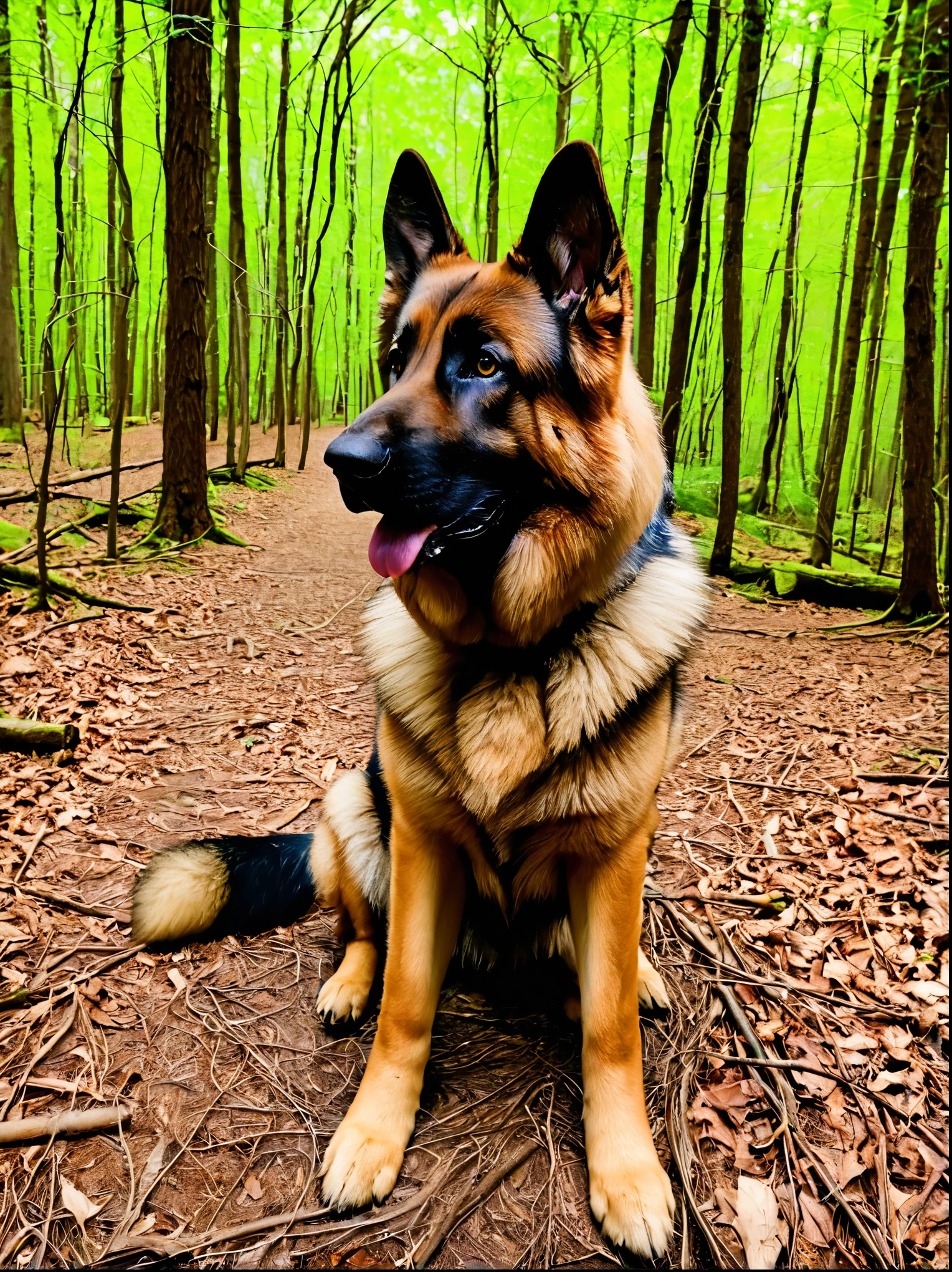 A german sheperd with mid size fur almost big has a PHOTO session in the woods put her in ALL kinda of poses