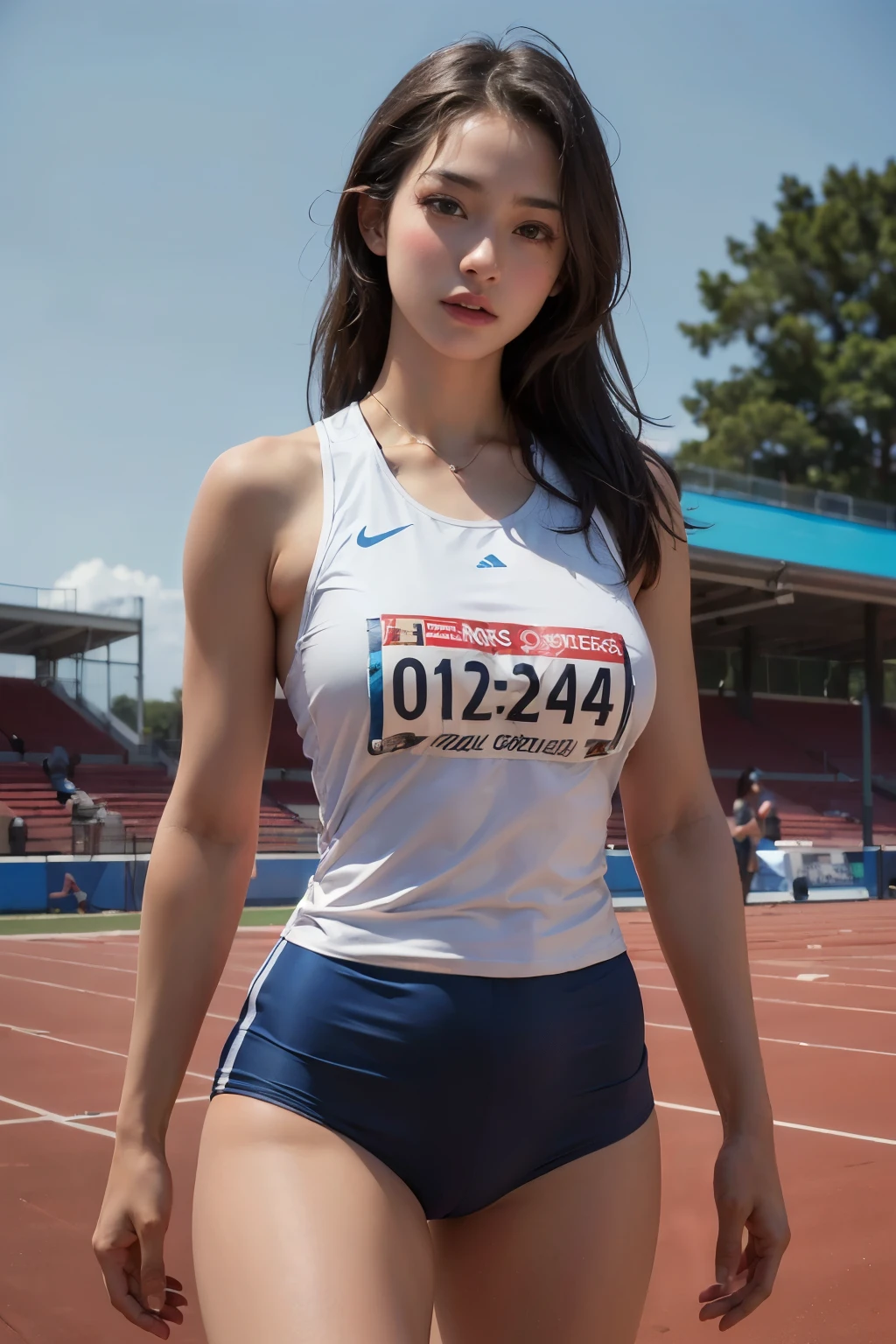 ((highest quality)), (be familiar with),  (masterpiece:1.3), (Realistic, RAW Photos, highest quality:1.4), (:1.2), Athletics, (Female track and field athlete's crouch start)、((on your mark))、(Athleticsのユニフォーム)、(Sweat), covert photography, ( peek:1.1), (Athletics場のコース)、((Photos of the lower body only))、View from behind、((Buttocks up))