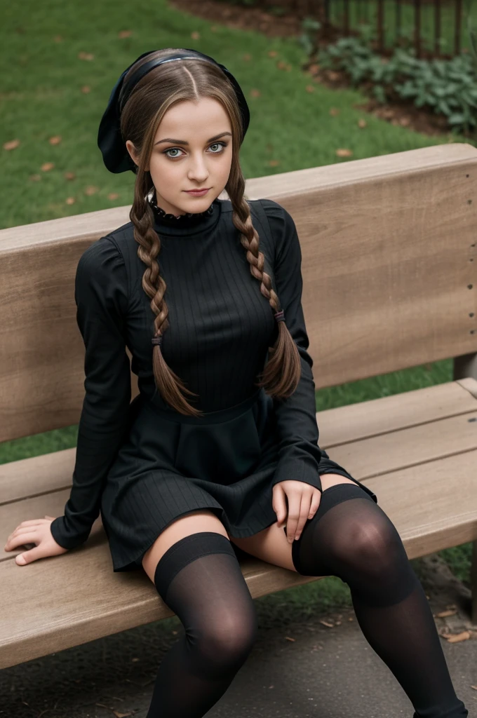 arafed woman sitting on a bench in a black dress, overknee socks, knee high socks, school girl in gothic dress, wearing skirt and high socks, wearing in black clothes, crossed legs, she is wearing a black dress, pantyhose tights, dressed as , as wednesday addams, of a  posing, thigh high socks, promotional photoshoot