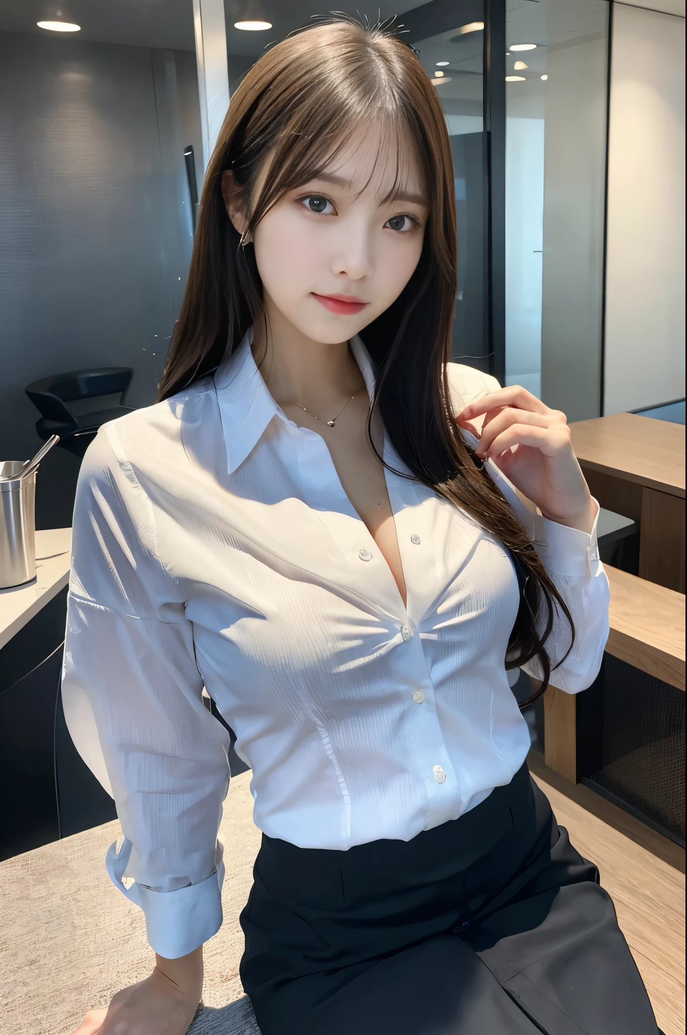 (1 Female), beautiful, (highest quality:1.4), (Very detailed), (Very detailed CG 統合 8k 壁紙), Very detailed, High-resolution RAW color photos, Professional photography, Great face and eyes, compensate, (驚くほどbeautiful女の子), ((suit)), ((mini skirt)), (A business shirt with a wide open chest:1.3), (Sales Office:1.3), (:1.3), Business Desk, ((Slouch 1.3)) Windows, Computer, View from below