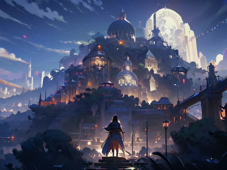 a close up of a person standing in front of a city, concept art inspired by Raphael Lacoste, Artstation contest winner, fantasy art, medieval fantasy game art, artwork in the style of guweiz, detailed game art illustration, medieval concept art, detailed digital 2d fantasy art, 2. 5 d cgi anime fantasy artwork, roleplaying game art