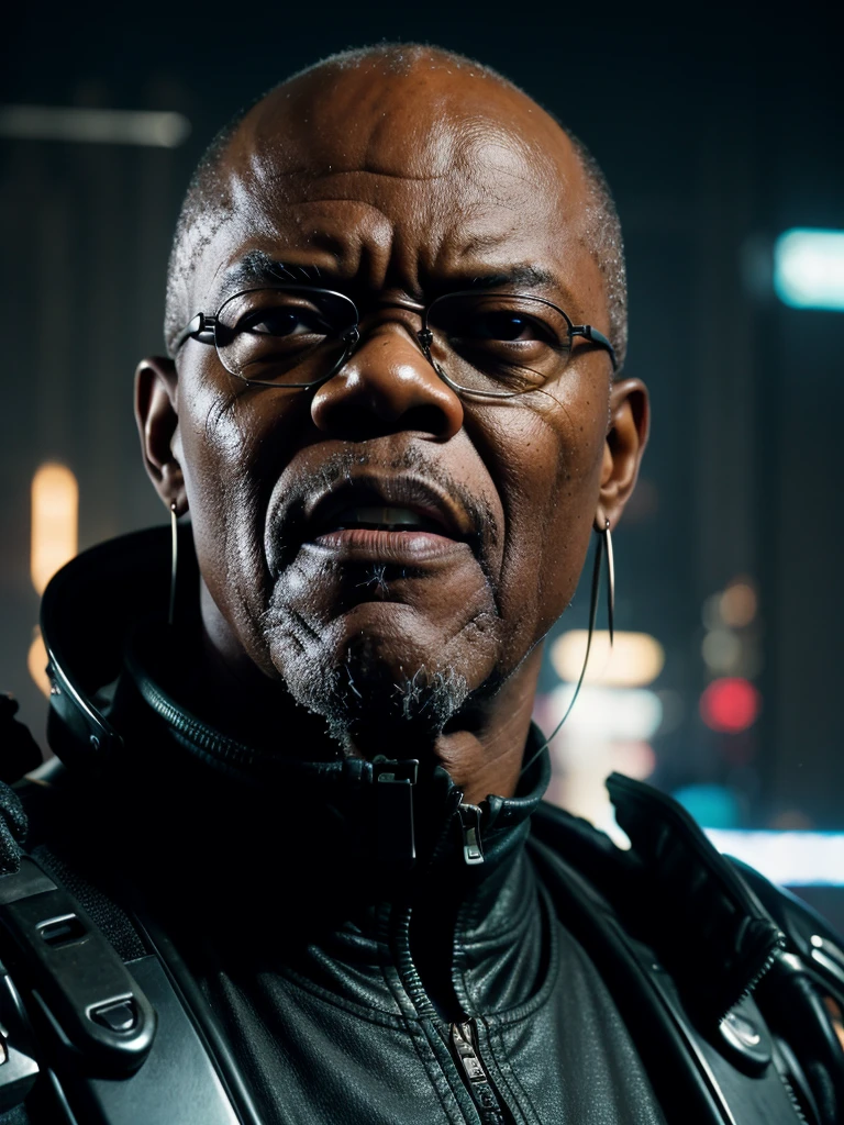 ((masterpiece, highest quality, hires, amazing detail, 8k, best quality)), cinematic, portait, closeup shot of middle aged man / Samuel l jackson/, wearing highly damaged battlesuit, perfect facial hair, scars, cybernetic implants, mirrorshades, in the artstyle of shirow masamune, ghost in the shell, gantz, gritty, cyberpunk background, dynamic colours