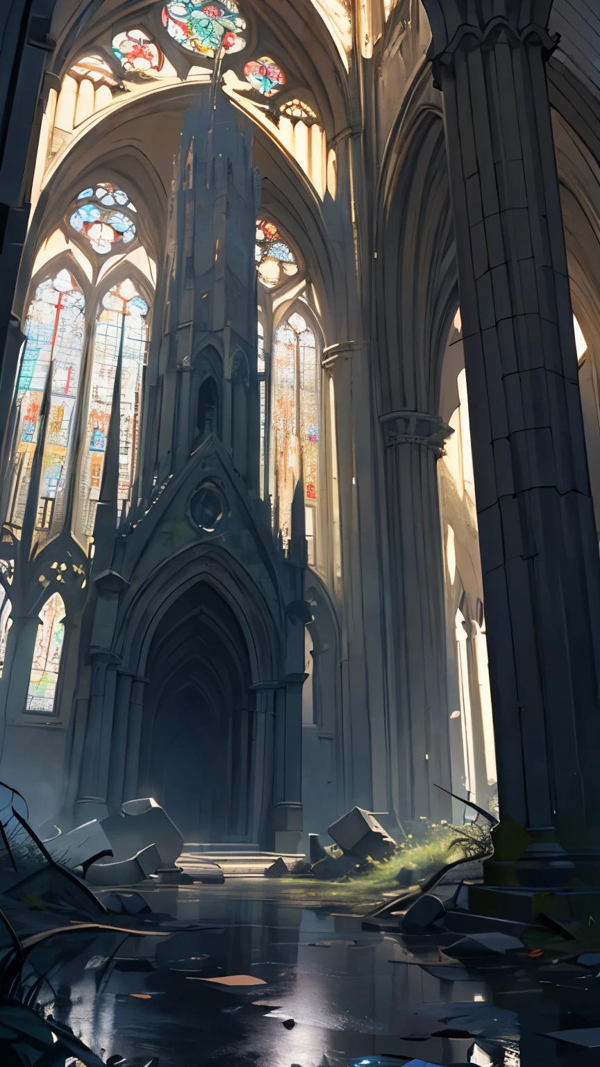 ((best quality)), ((masterpiece)), (detailed), (4K resolution), (high definition), (meticulous detail), (vibrant colour), (HD quality), Masterpiece. Sunny summer day. Post-apocalyptic ruins. A shattered cathedral with overgrown foliage. Sunlight piercing through broken stained glass. Godrays. A silent atmosphere of the scene. One cat near the cathedral. Detailed art, many details, cinematic, ultra highly detailed, beautiful details, best quality IBG, RAW candid cinema, remarkable color, (ultra realistic), shot with cinematic camera