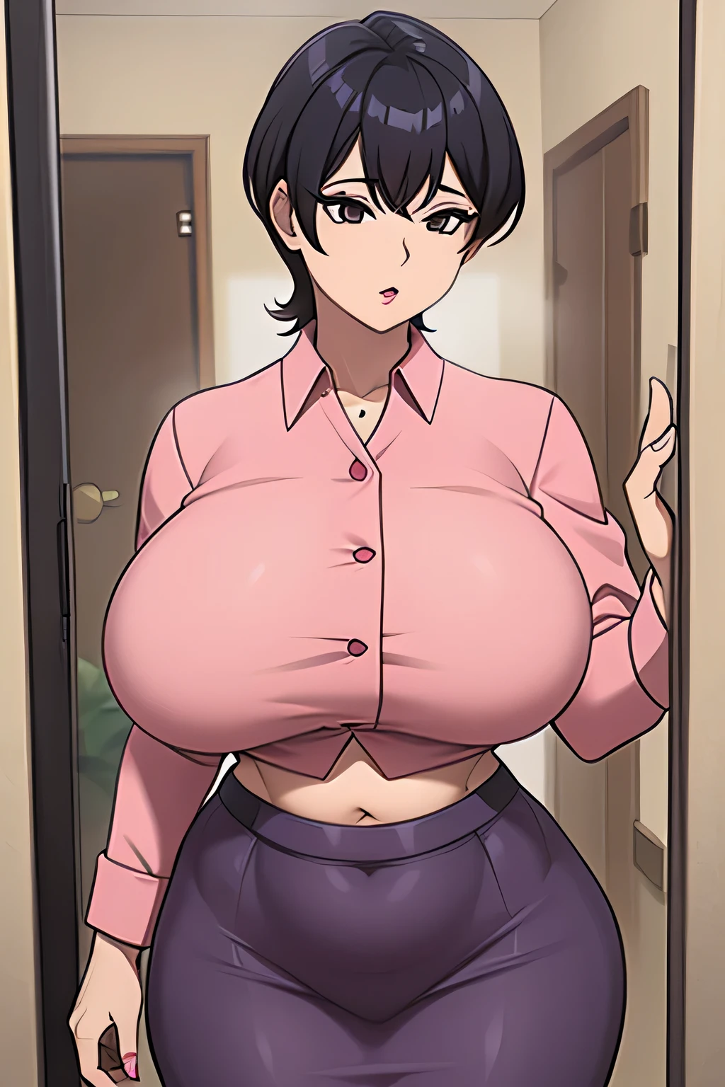 A beautiful woman Beautiful big breast short black hair squares her light brown eye pink lip she wears pink blouse buttons shows navel sexy curve and a dark lavender skirt