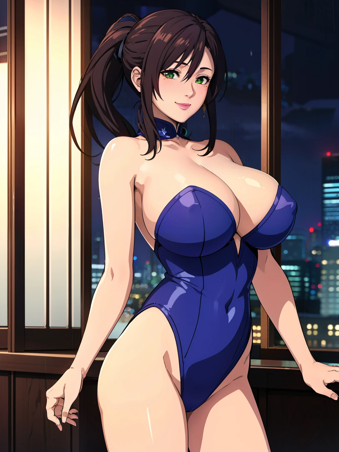 blue playboy outfit, luxury livingroom background, window, night, rainy night city view, sayuri, anime cels style, best quality, high resolution, 1girl, (huge breasts:1.2), beautiful face, green eyes, dark brown hair, (half ponytail hair), (two beauty spots near her left eyes), lipstick, cowboy shot, smiling, blushing, beautiful long legs, beautiful body