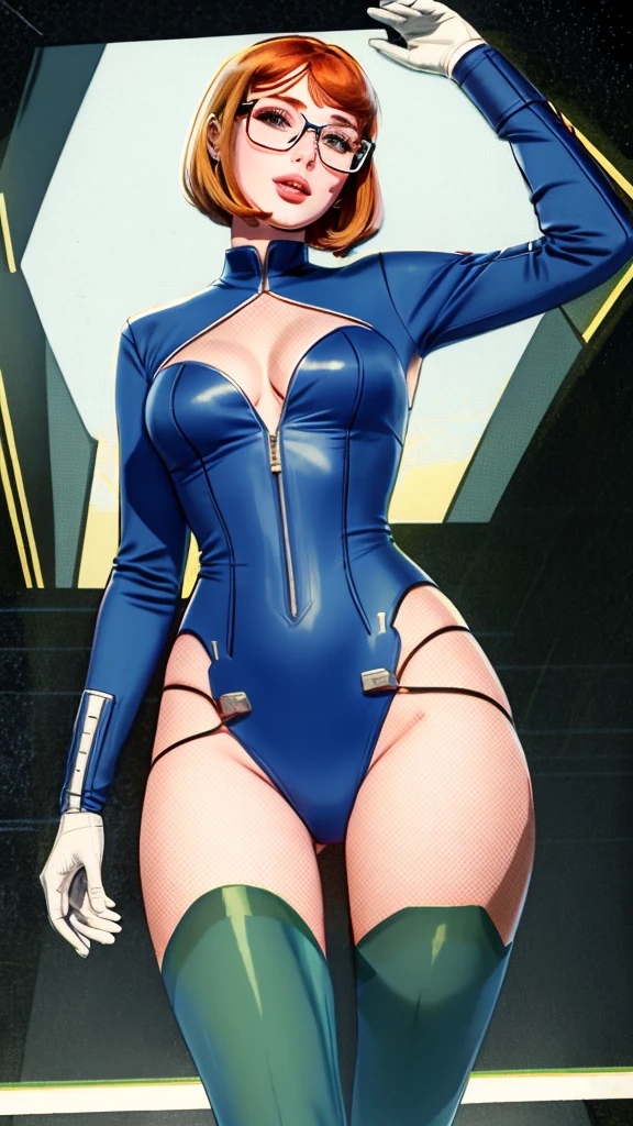 solo female ginger, silk female beautiful perfect body, corporation style, futuristic, transparent cloth, smooth transparent uniform  white dark-blue dark-green red tights silk, nerd glasses headset, network pad, white sunlight rays interior white lab high tech with plants beautiful, face profile sweet cute perfect, soviet poster epic positive style, super detailed, masterpiece, hq, 4k, high detalisation,  positive smile fun, semitransparent, front view walk