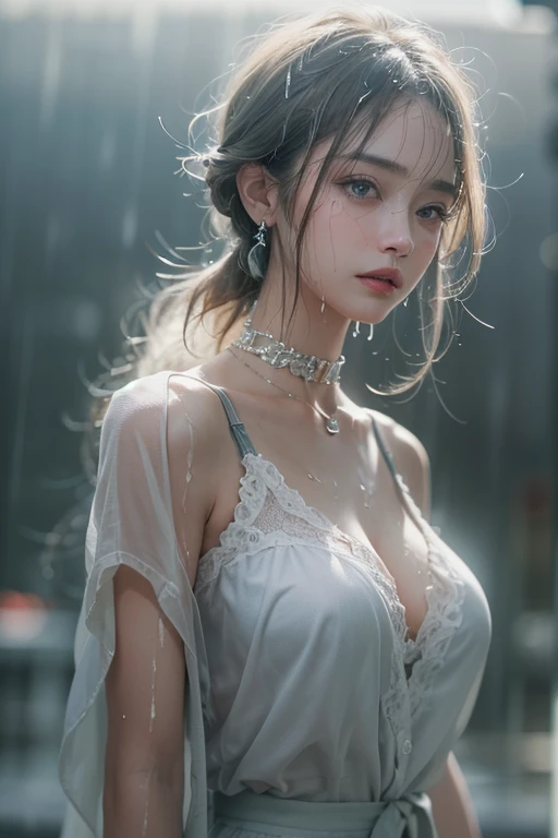 (masterpiece:1.3), (8k, Photorealistic, Raw photo, Best image quality: 1.4), Fair-skinned fairy woman、Long Haircut、Cleavage:2.0、Super detailed face、Attention to detail、, double eyelid、Put your chest together、Sharp focus:1.2、Beautiful woman:1.4、Silvery white hair、highest quality、masterpiece、超A high resolution、(Photorealistic:1.4)、Highly detailed and professionally lit smile、Loose, light, Shoulder out、thin、Serious expression、Short-haired、Deadly position, gorgeous accessories, one person (RAW shooting, Photoreal:1.5, 8K, highest quality, masterpiece, ultra high resolution), perfect dynamic composition:1.2, (In front of a city building at night in a modern city, expression of sadness:0.9, Tears are flowing:0.9, cry with a broken heart:0.9), Highly detailed skin and facial textures:1.2, Slim office lady wet in the rain:1.3,  Fair skin:1.2, sexy beauty:1.1, perfect style:1.2, beautiful and aesthetic:1.1, very beautiful face:1.2, water droplets on the skin, (rain drips all over my body:1.2, wet body:1.2, wet hair:1.3), Wearing a wet white blouse correctly:1.35), (Medium chest, Bra is transparent, Chest gap), choker necklace , earrings, bracelet, wear short jeans pants,