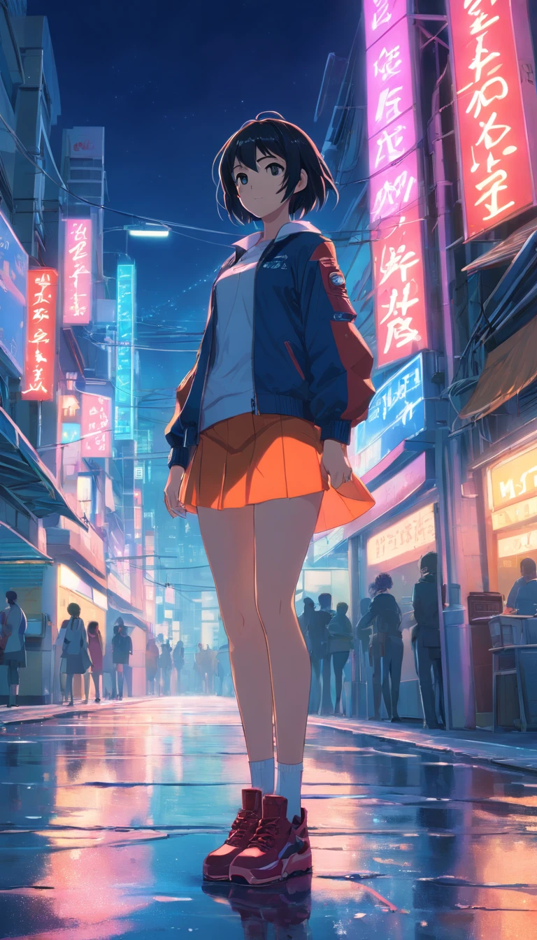 hermosa chica de piel blanca,ojos azules,cabello plateado,cabello estilo bob invertido,gabardina roja estilo futurista,mini falda negra de cuero,medias negras con liguero,botas de combate negras,techwear fashion,en una ciudad retro futurista de noche,luces neon,lloviendo,charcos de agua en el piso,HDR,UHD,8k