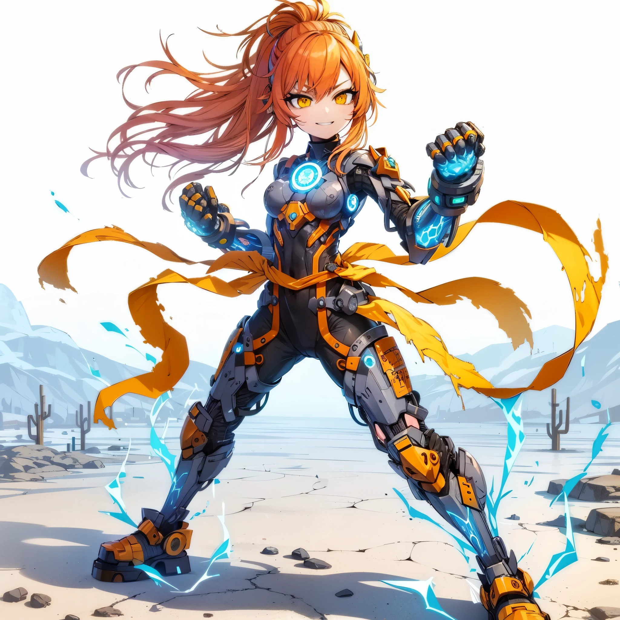 (Masterpiece, top quality), (detailed hair), super detailed, anime style, full body, solo, concept art, science fantasy fighter girl, neck-length black-yellow hair, gold eyes, right hand converted to cybernetic terrifying claw. cyber-kimono, and red muffler, cyber horned, wearing tabi sandal, white background, whole body, standing in wasteland, winning smile
