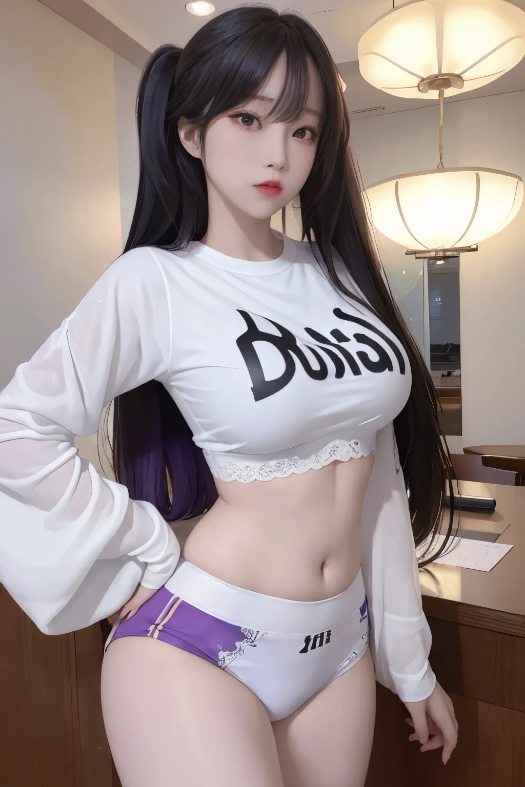 photorealistic, high resolution, 1 girl, long hair, korean, beauty eyes, print white sexy shirt, skimpy tight black shorts, thick thighs,print crop top sexy, lace underwear, yellow, red, blue, pink, purple, violet, 