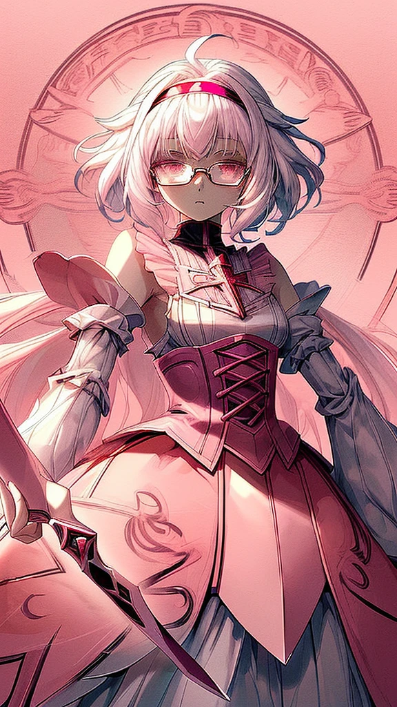 5′ 11″ height, 12 years old girl with glasses and a white hair, pink eyes, who wears pink and holds an sword in the shape of a crucifix, just her head and shoulders, with color palette, a spike headband