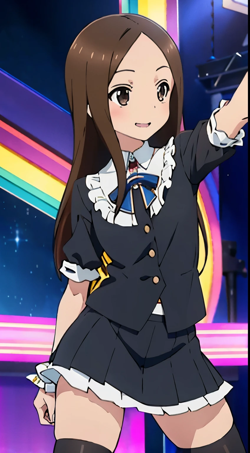 (Realistic),(Realistic),Takagi_Mr. Miss., Height 155 cm，One Girl, 15 years old，Long Hair,Brown Hair, Parted bangs, Brown eyes,Idol，Idol衣装，((costume with frills))，Black top，Black Mini Skirt，Black Stockings,(Provocative smile), whole body, (((dance)))，Extremely exciting，highest quality, (colorful), Ray Tracing,Highly detailed CG Unity，8k wallpaper,((The background is the live stage，たくMr. Miss.のステージ照明, fantastic))．
