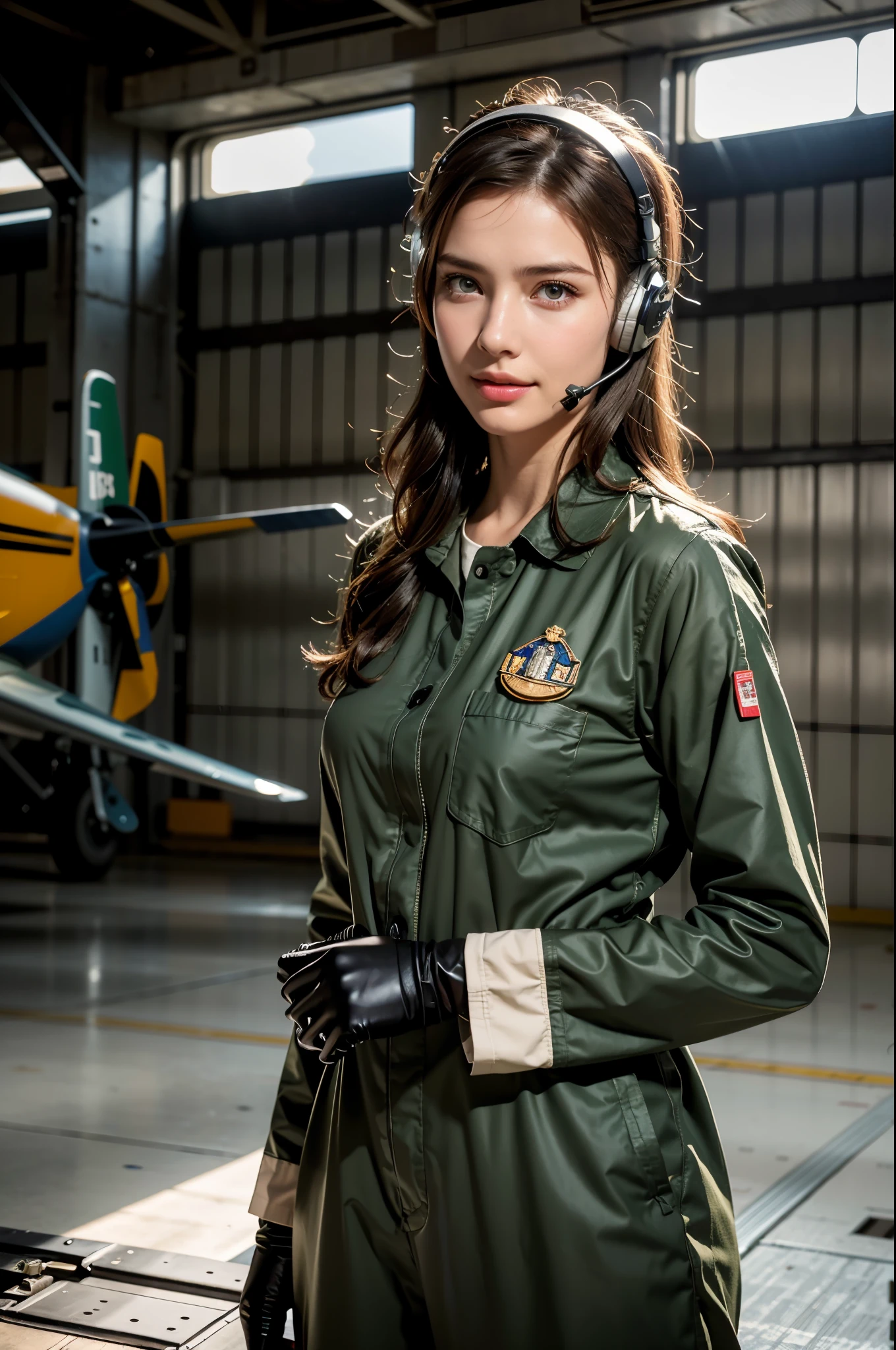 Best quality, ((professional photograph, RAW photo)), Insanely realistic, an extremely delicate and beautiful, ultra high res, realistic lighting and shading, (Realistic image of a extremely pretty female Aircraft mechanic, solo), Inside a spacious Aircraft hangar, Monoplane fighters of the World War II era line the background, Aircraft parts scattered on the floor, Tools for maintenance, She does aircraft maintenance, (wearing Military camouflage patterned Long-sleeved mechanic's coverall), (wearing mechanic's heavy-duty glove), (Wearing a headset), her hair is tied back later, very professional mechanic, inscrutable smile, ((extremely beautiful depiction of the eyes and face)), (insanely beautiful natural skin texture), Accurate eyes, Accurate hands, Well-balanced overall body