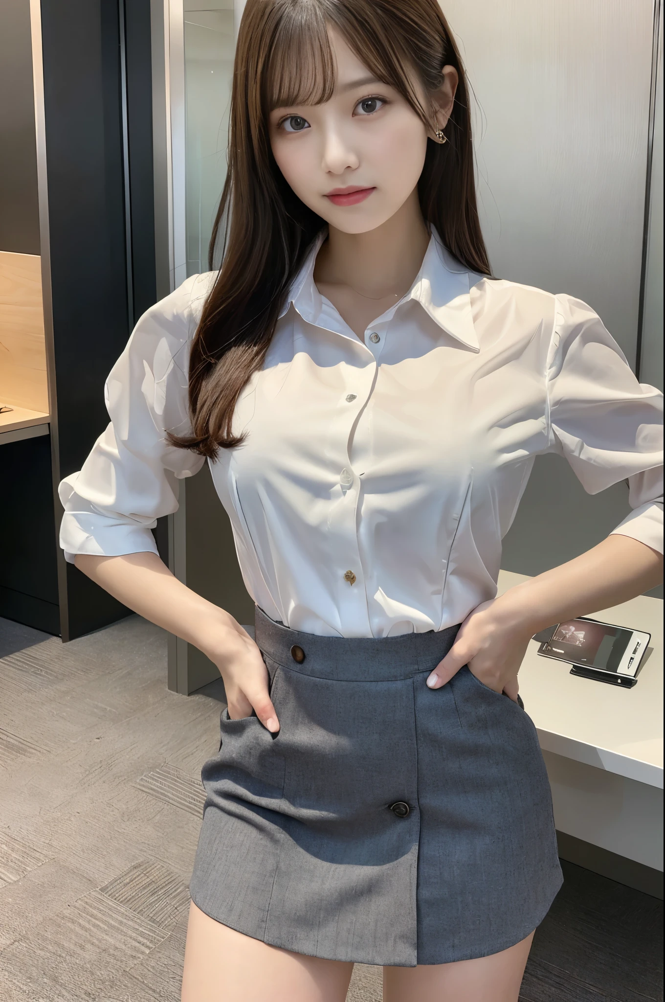(1 Female), beautiful, (highest quality:1.4), (Very detailed), (Very detailed CG 統合 8k 壁紙), Very detailed, High-resolution RAW color photos, Professional photography, Great face and eyes, compensate, (驚くほどbeautiful女の子), ((suit)), ((mini skirt)), (A business shirt with a wide open chest:1.3), (Sales Office:1.3), (:1.3), Business Desk, ((Hands on hips 1.3)) Windows, Computer, View from below