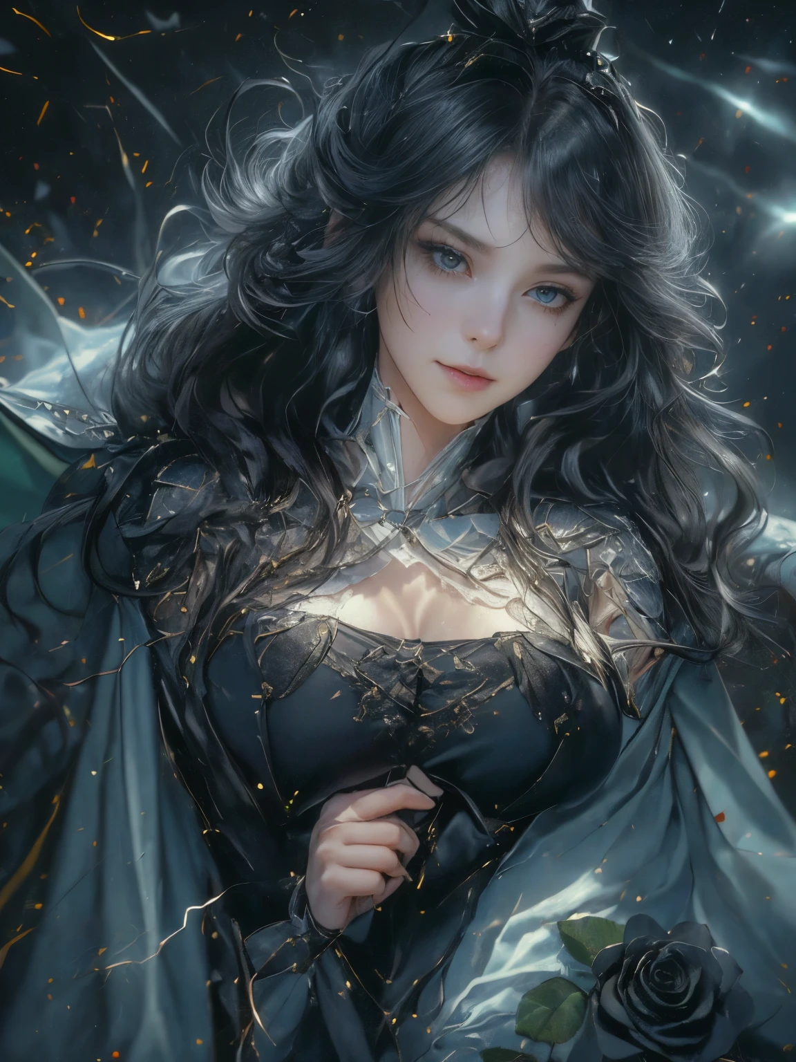 ((((masterpiece, Best Quality, High resolution)))), extremely detailed 8K, {(1 girl:1.6), sexy Beautiful 17 years old girl with slim body, black mage:1.3}(Ultra HD, Ultra-detailed, Highly detailed, Highly realistic, Ultra-realistic, photos realistic),{ deep depth of field, (god ray:1.2), (bounced front lighting:1.1), (soft diffused lighting:1.6) } (1girl:1.5), black long hair, (dynamic sexy poses), (very delicate and natural hair:1.3), facing at camera, light smile, (firm bouncing breasts: 1.6), (very delicate and natural face, very delicate and natural eyes:1.3),(very delicate and natural clothes:1.2),(cristal blue eyes:1.2),{wearing green (long cape:1.6)}, {(night:1.2) outside, stand, a lot of (lightnings:1.2) in (night:1.5) sky:1.3}, {(black roses:1.2), night rose garden:1.2}