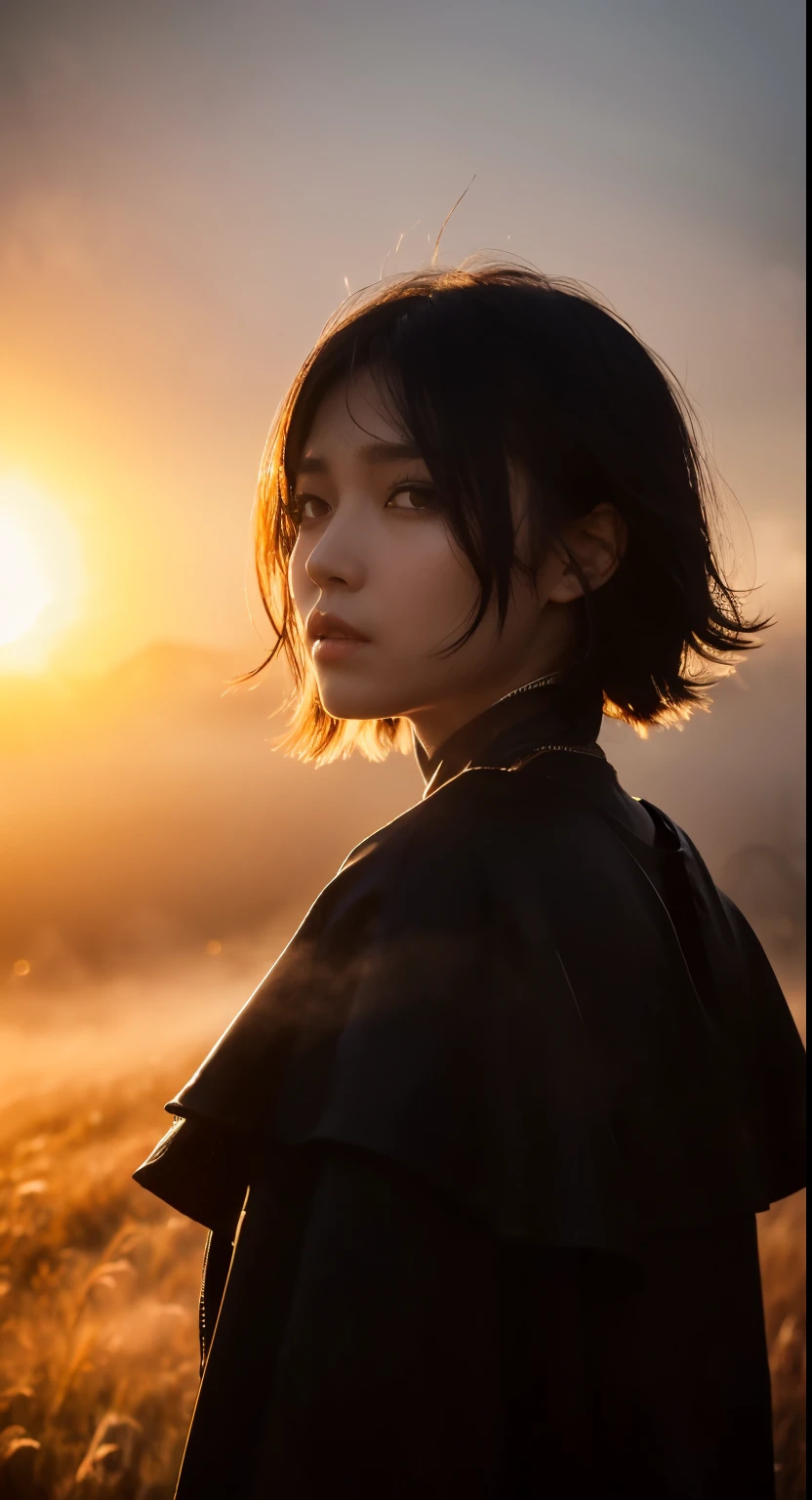 (top-quality,8K picture quality,masterpiece:1.3,),(超A high resolution,Photorealsitic:1.4,Raw photography),(Perfect Anatomy,Caustics),(Blow out:1.3),(Thick morning fog:1.5),(Shrouded in fog:1.5),(the morning sun:1.3),(Back lighting:1.5),grass field,Black hair short bob,smil,stares at the camera,Bust-up shot
