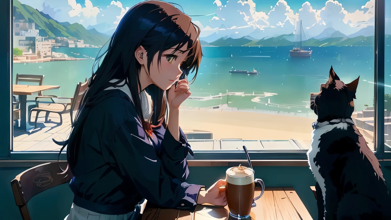 Anime girl sitting at a table with a cat looking out the window, Mysterious Coffee Shop Girl, 4k anime wallpaper, anime wallpaper 4k, anime wallpaper 4k, anime art wallpaper 8k, Makoto Shinkai&#39;s art style, anime art wallpaper 4k, anime art wallpaper 4k, ( ( makoto shinkai ) ), In the style of Makoto Shinkai