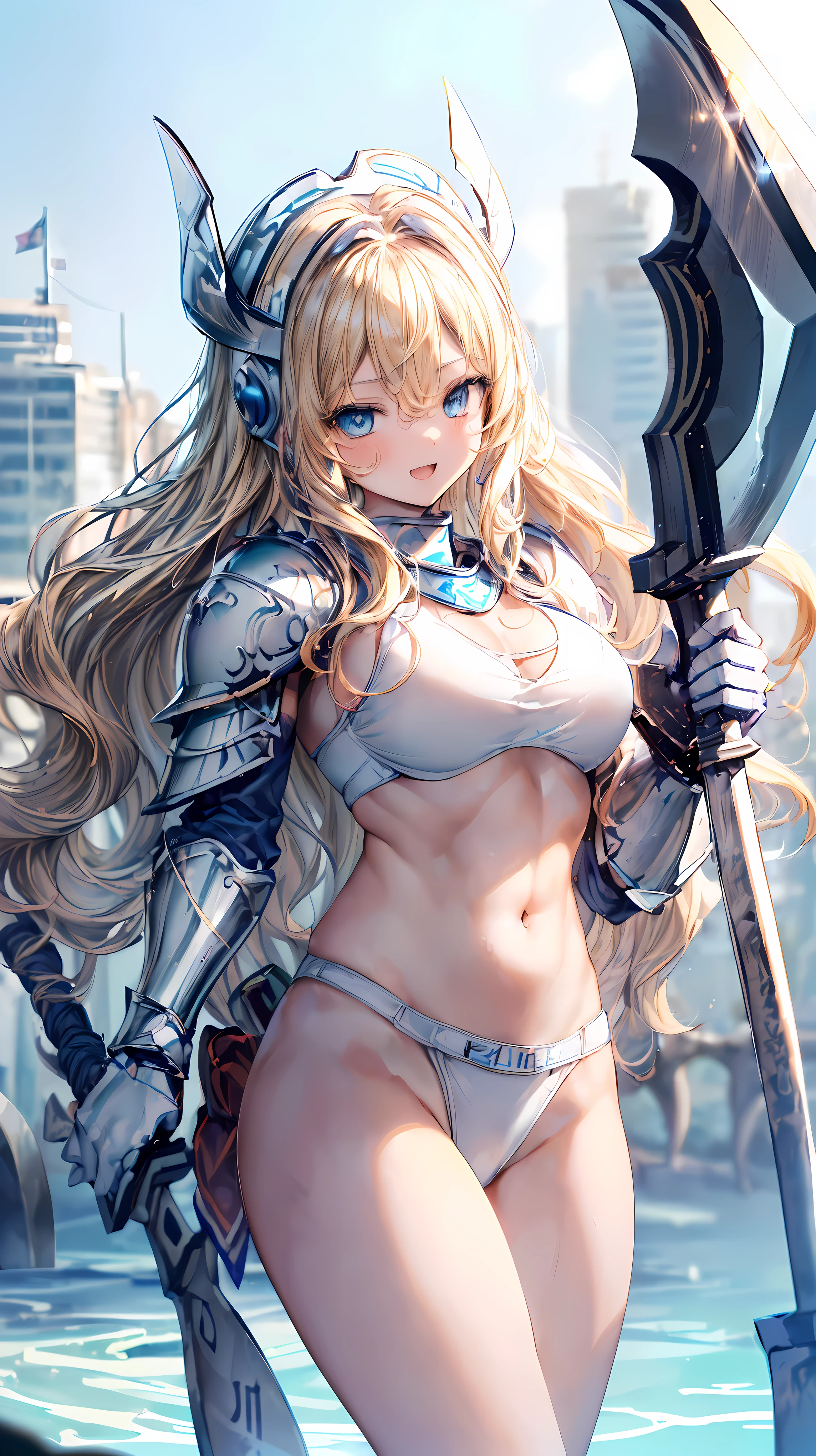 Very detailed、highest quality、(Best image quality:1.5)、(masterpiece:1.5)、8k、Anime Face、A kind smile、Open Mouth、(Beautiful bright blue eyes:1.5)、(Blonde wavy hair:1.5)、Muscles of the whole body、Thigh belt、(Wearing white bikini armor:1.5)、(Cowboy Shot:1.6)、(Wearing a helmet:1.5)、(Holding a battle axe:1.5)、Warm lighting