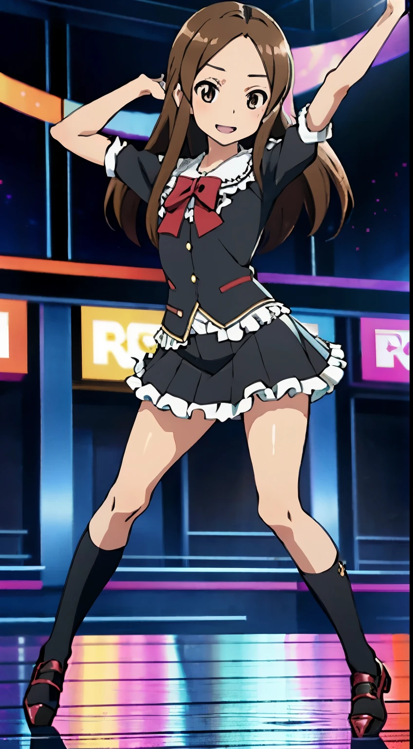 mammon \(umineko\), solo, showgirl skirt, pink necktie, garter straps, necktie, thighhighs, red eyes, brown hair, leotard, red jacket, frilled sleeves, leotard under clothes, back bow, black bow, boots, (from above), ((wariza)), (dutch angle), (bloom, shiny, depth of field, blurry background, light particles, colorful, shadow, promotional art), ((Tight leotard)), ((sexy pose)), ((Wrestling ring)), (Big tits), (Wide hips)