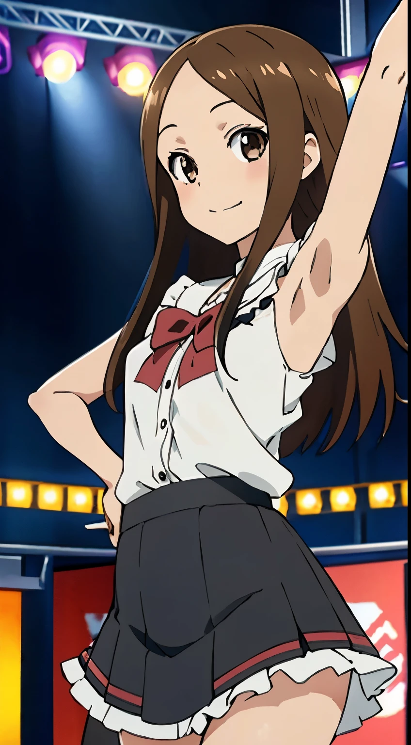 (Realistic),(Realistic),Takagi_Mr. Miss., Height 155 cm，One Girl, ，Long Hair,Brown Hair, Parted bangs, Brown eyes,Idol，Idol衣装，((costume with frills))，Black top，Black Mini Skirt，Black Stockings,(Provocative smile), whole body, (((dance)))，Extremely exciting，highest quality, (colorful), Ray Tracing,Highly detailed CG Unity，8k wallpaper,((The background is the live stage，たくMr. Miss.のステージ照明, fantastic))．