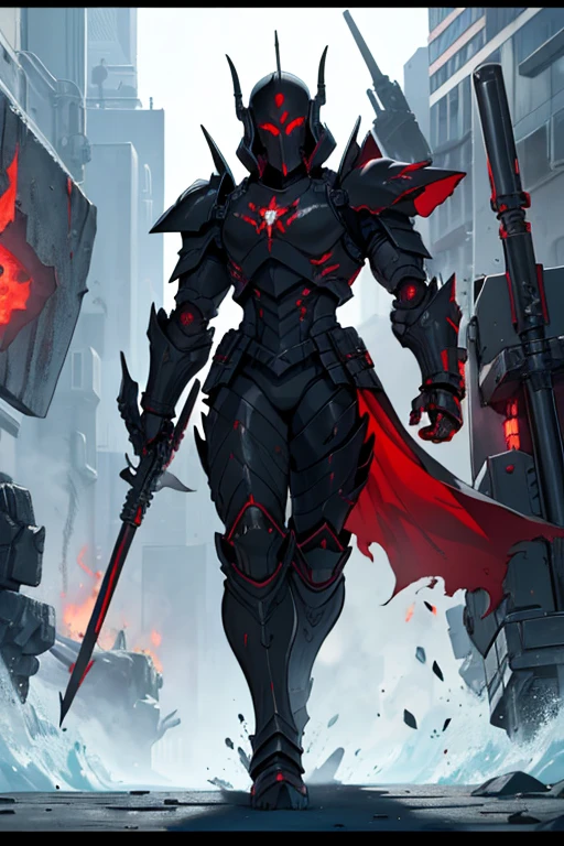 male, red eyes, robot, (((1boy))), (((black steel armor plating))), (black metal gauntlets), (black metal boots), (black metal helmet), shoulder mounted cannons, arm mounted machine guns