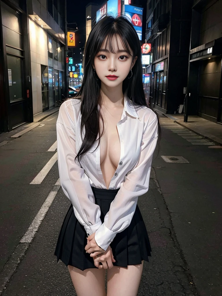 cyber punk, highest quality, masterpiece, shape, Realistic, photo-Realistic, wonderful, finely, Very detailed, High resolution, Very detailed, unity 8k wallpaper, Full body shot of a beautiful young woman with Korean-style features resembling a popular actress, Button-up Shirt, mini Pleated Skirt ニーハイソックス, ((Very small breasts)), thin, She has pink and bluish eyeshadow, bangs, Black Hair, Long Hair, head, look up, night, On the streets of Shibuya, Stand up and look here, Narrow eyes, 細長い目のshape, Three white eyes, Wicked Smile, Very slender and beautiful legs, Beautiful and thin thighs, Earrings, Estrus