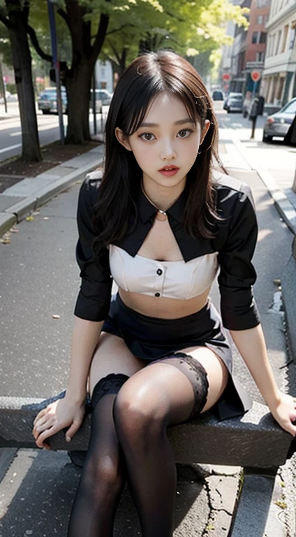 highest quality, Full body portrait, Delicate face, Pretty face, 25-year-old woman, Slim figure, Small breasts, OL Uniform, Office Clothes, Black Stockings, Outdoor Scene, Seating position