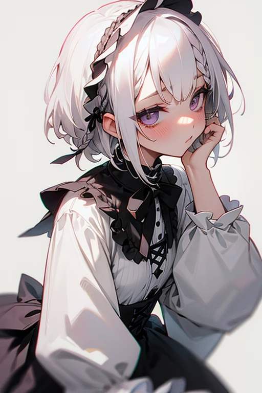 Short white hair, blush, Gothic Lolita、Punk Fashion、Headbang 2.、White clothes、Braid、