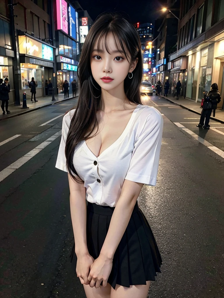 cyber punk, highest quality, masterpiece, shape, Realistic, photo-Realistic, wonderful, finely, Very detailed, High resolution, Very detailed, unity 8k wallpaper, Full body shot of a beautiful young woman with Korean-style features resembling a popular actress, Button-up Shirt, mini Pleated Skirt ニーハイソックス, ((Very small breasts)), thin, She has pink and bluish eyeshadow, bangs, Blonde, Long Hair, head, look up, night, On the streets of Shibuya, Stand up and look here, Narrow eyes, 細長い目のshape, Three white eyes, Wicked Smile, Very slender and beautiful legs, Beautiful and thin thighs, Earrings, Estrus